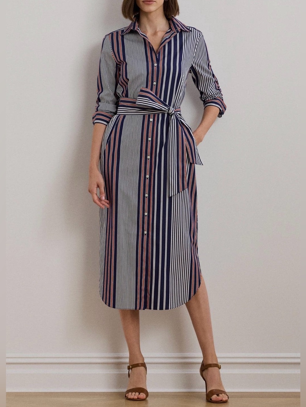 Lauren Ralph Lauren Black Label Stripe Cotton Broadcloth Midi Shirt Dress 6